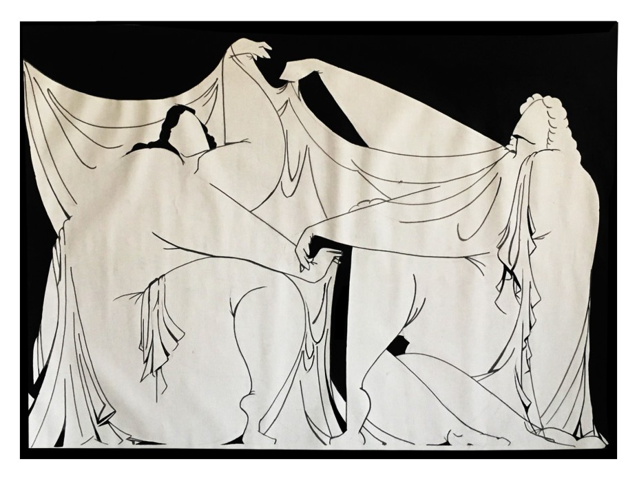 A painting in of figures in white flowing garments against a black background.