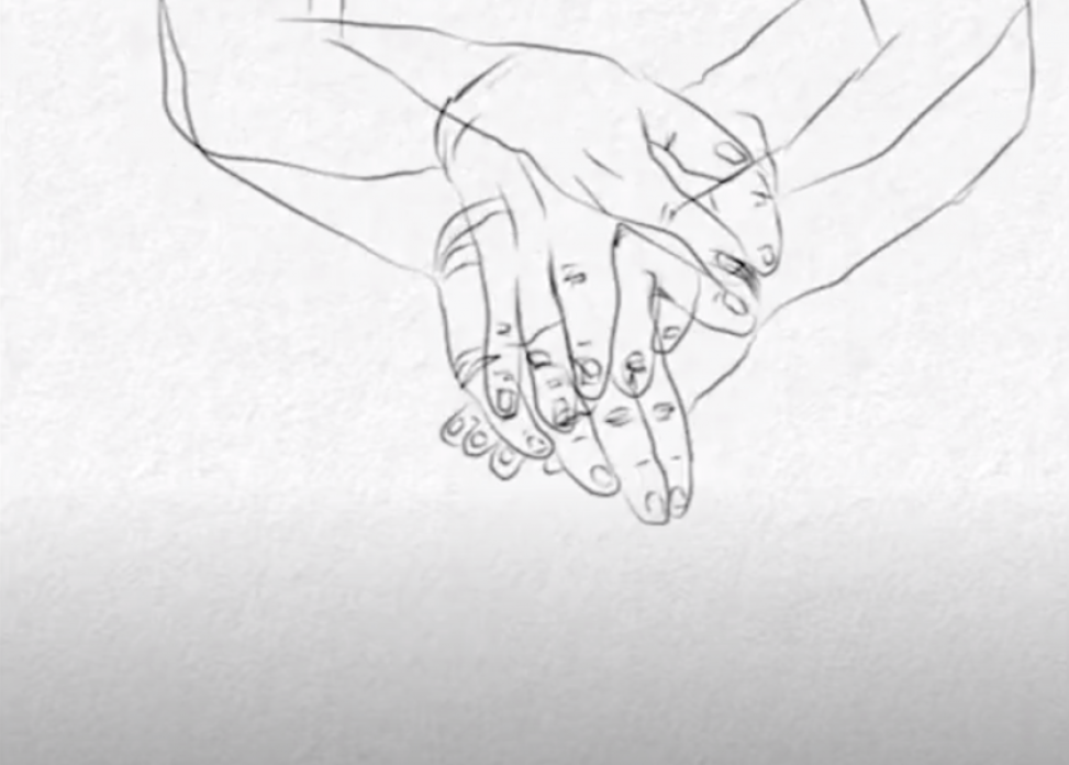 Pencil-like sketches of hands overlapping each other against a white background.