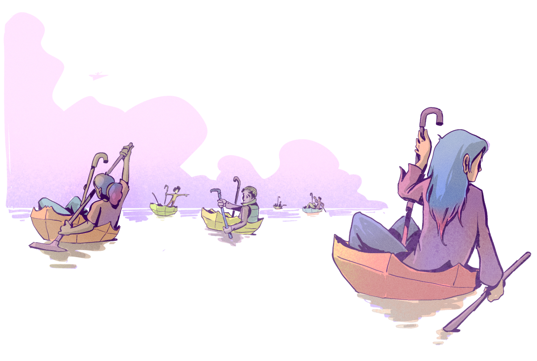 An illustration of people rowing in canoes